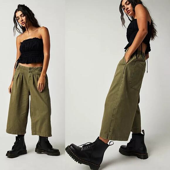 NEW Free People Hard Rain Mid Rise Cropped Gaucho Pants Green Sz 0 (Oversized) - Picture 1 of 16